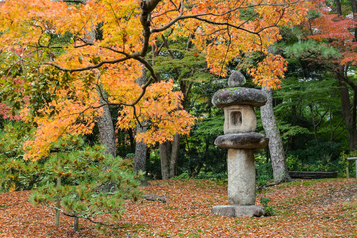 在日式花园，奈良，日本传统石灯笼