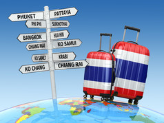 旅游概念。手提箱和路标在泰国访问什么