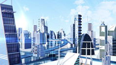 未来派科幻城市街景、 3d 数字呈现的图