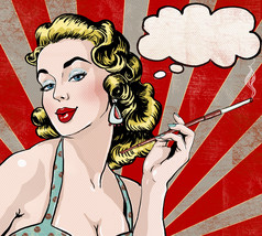 波普艺术插图的气泡与香烟的女人。波普艺术的女孩。聚会的请柬。生日贺卡.