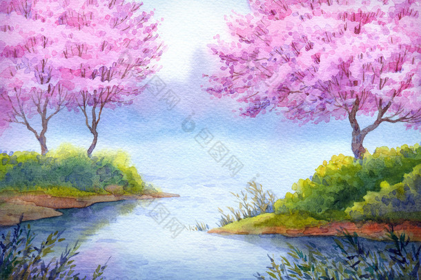 春天的水彩风景。开花的树湖