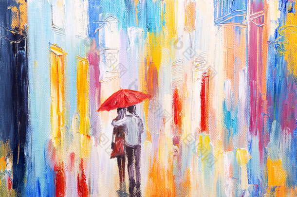 对夫妇走在雨中撑一把伞，抽象多彩油画