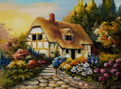 油画的童话房子，艺术作品