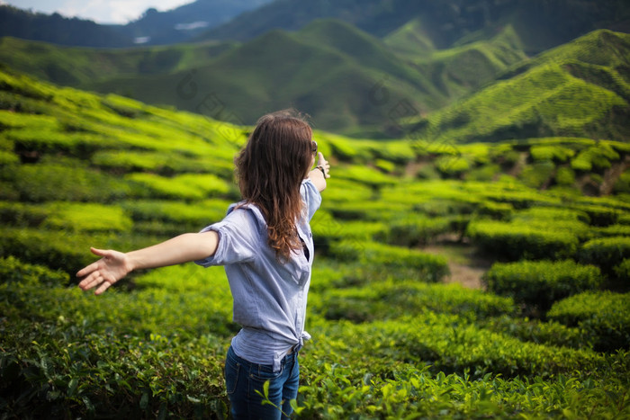 张开双臂在茶园的女人