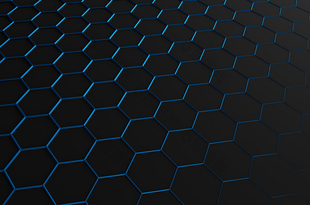抽象的 3d 渲染的未来派表面与蓝色六边形.