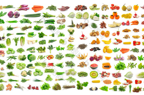 蔬菜和水果在白色背景上的一套