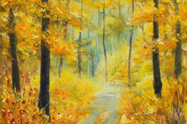 在画布上的原创油画: 秋天的林中之路