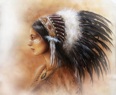 Young indian woman wearing a big feather headdress, a profile portrait on structured abstract backgr