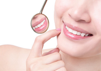 健康女人的牙齿和牙医嘴镜像图片