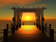 婚礼凉亭上到日落时太阳与海的木墩