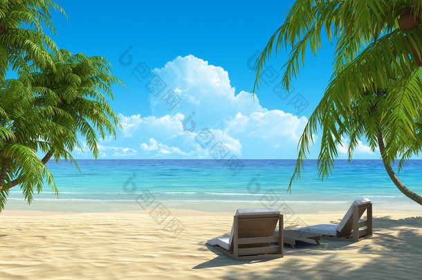 两个热带田园白色沙滩上海滩椅子。棕榈树的影子。无噪音、 清洁，非常详细的 3d 呈现。假期、 水疗中心、 度假村设计的概念.