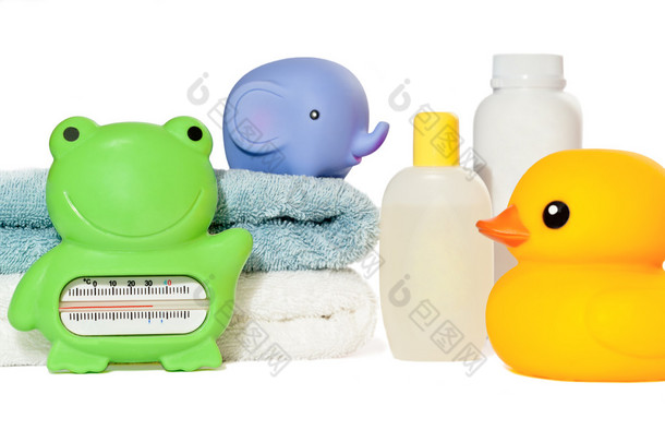 <strong>宝</strong>贝，孤立的沭浴配件： 毛巾、 玩具、 温度计和博