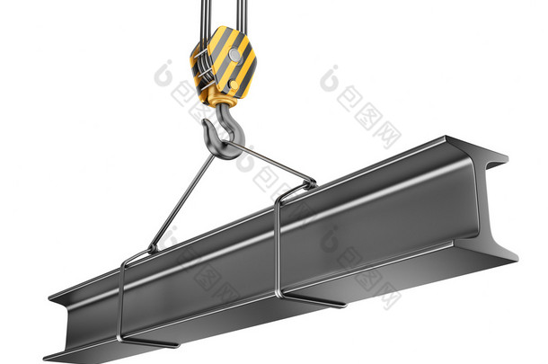 起重机吊钩与钢箱梁 3d。在白色背景上孤立