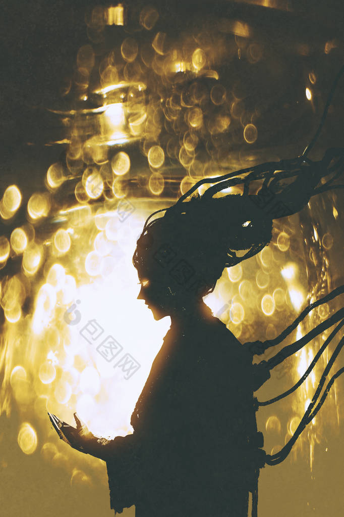 未来的女机器人剪影上金色的光背景黑色剪影图片-包图网企业站