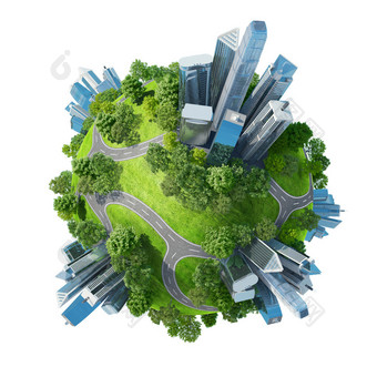绿色概念迷你星球公园的摩天大楼和道路图片