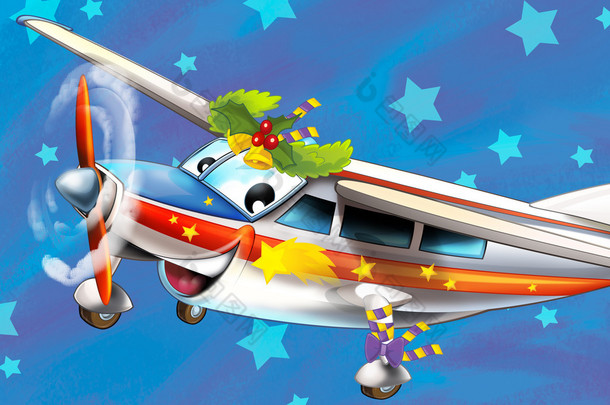 孩子们的的快乐圣诞场景-与框架-圣诞飞机-车辆-图