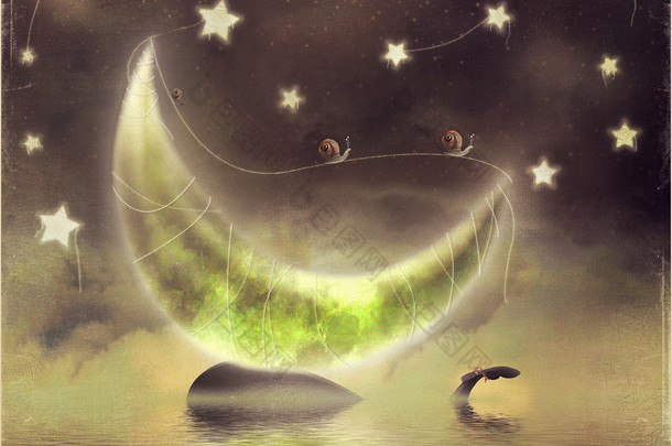 逆戟鲸在繁星<strong>满天</strong>的夜晚背景与月球上的插图
