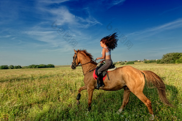 美丽的女孩骑着马在农村