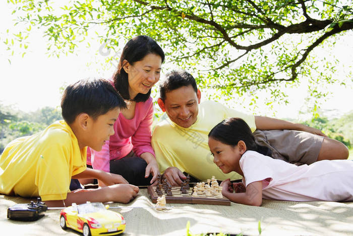 家庭躺在公园，在垫上下棋