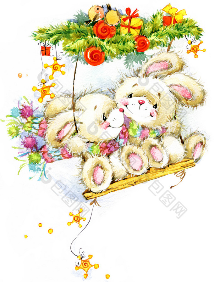 New Year and Christmas background for congratulations with funny Bunny.  watercolor illustration