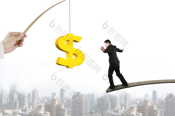 Man balancing golden dollar sign fishing lure with cityscape