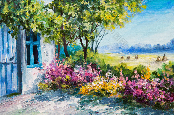 油画风景-<strong>花园</strong>附近的房子，五颜六色的鲜花，夏季<strong>森林</strong>