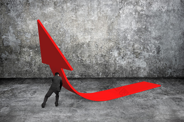 Man pushing red trend 3D arrow up