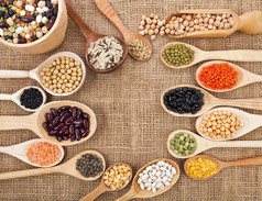 各种食品配料： 豆类、 豆类、 豌豆、 小扁豆中木勺麻布背景上