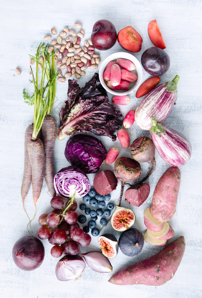 Assorted purple toned fruits and vegetables