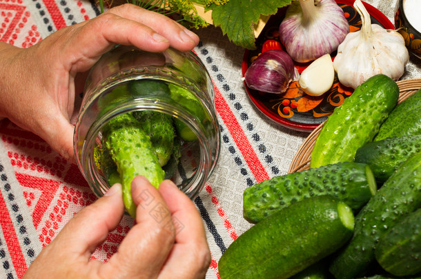 Pickling cucumbers, pickling - hands close-up, cucumber, herbs, 