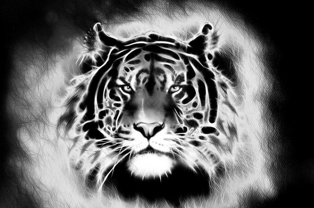 painting of a bright mighty tiger head on a soft toned abstract background eye contact. Black and wh