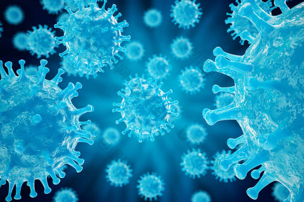 3d 渲染病毒在受感染的生物体，病毒病流行，病毒抽象背景