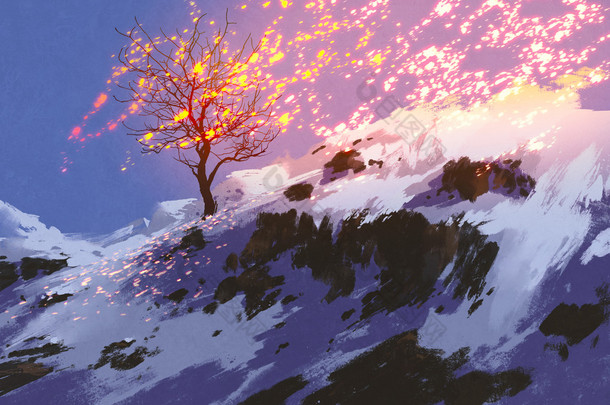 幻想景观展示光秃秃的树在冬天用发光的雪