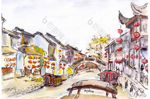 水彩画-水运河古镇在中国。红灯笼.