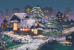 圣诞灯与木结构房屋的圣诞夜景
