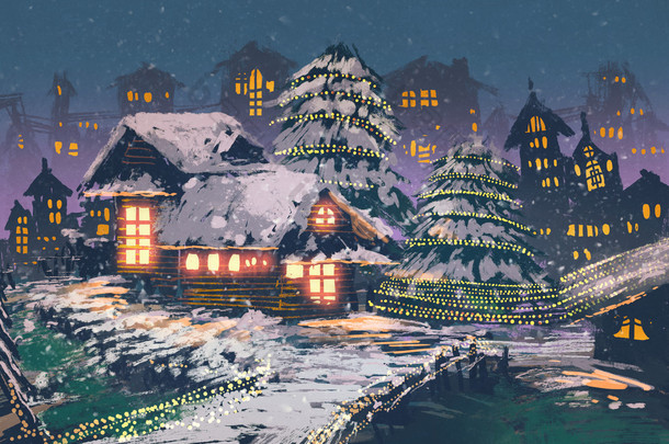 圣诞灯与木结构房屋的圣诞夜景