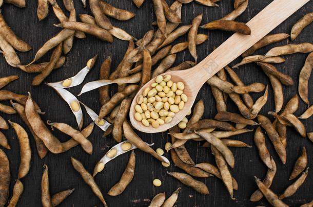 大豆豆荚，黄豆丰收背景大豆上木制的背景。乡村风格