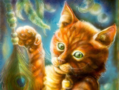 Beautiful fantasy colorful painting of a radiant orange cat head playing with a peacock feather, eye