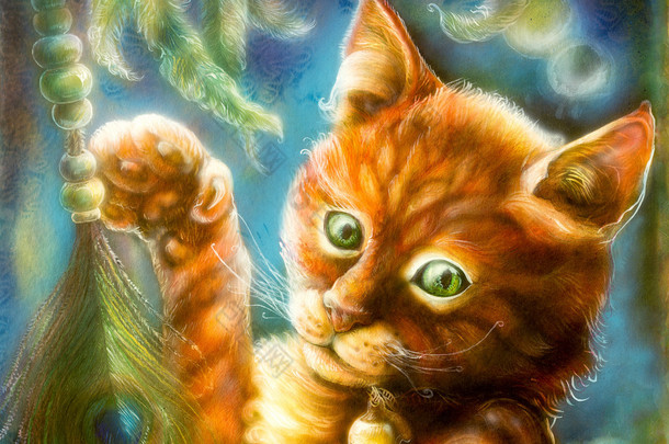 Beautiful fantasy colorful painting of a radiant orange cat head playing with a peacock feather, eye