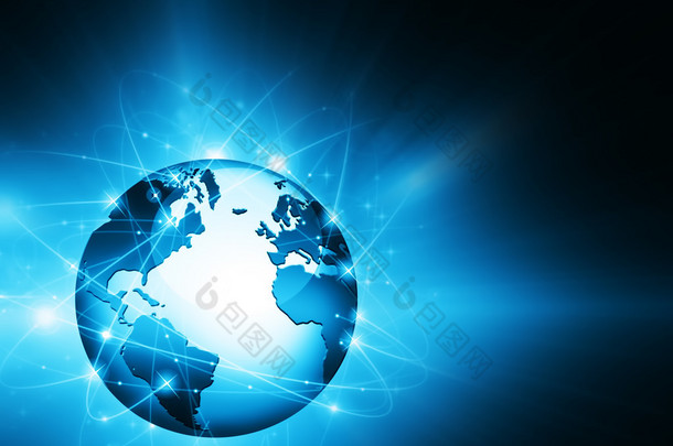 全球商业的最佳互联网概念。环球，发光的线条在技术<strong>背景</strong>。电子、 Wi-Fi 、射线、符号、互联网、电视、移动和卫星通信