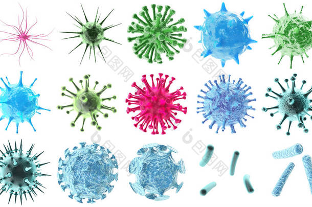 3d 渲染病毒<strong>细菌</strong>图标设置、 抽象孤立在黑色背景上的美丽微生物多彩单元微生物病毒分子<strong>细菌</strong>对象集.