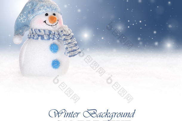 冬天背景与一个雪人、 雪和雪花