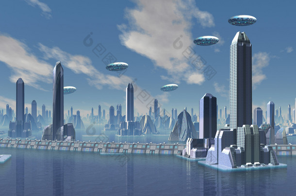 未来派的外星城市上空的不明飞行物