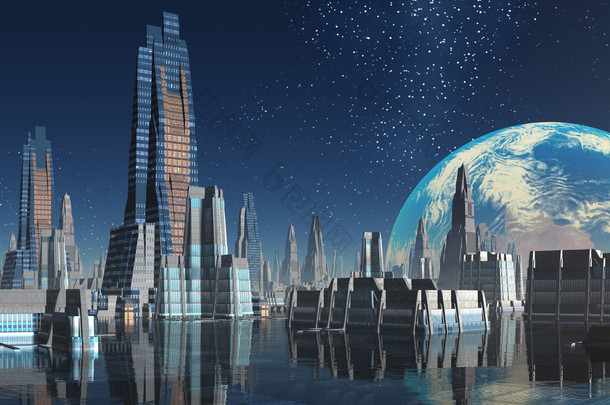 外星世界的未来派月球基地城市