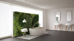 带垂直花园，白色简约的斯堪的纳维亚浴室我
