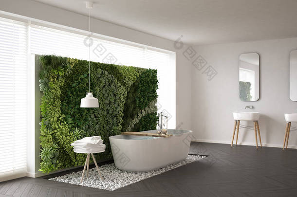 带垂直花园，白色简约的斯堪的纳维亚浴室我