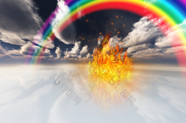 彩虹和火在超现实的空间