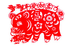 中国民间剪纸-福猪带来和平一厢情愿!