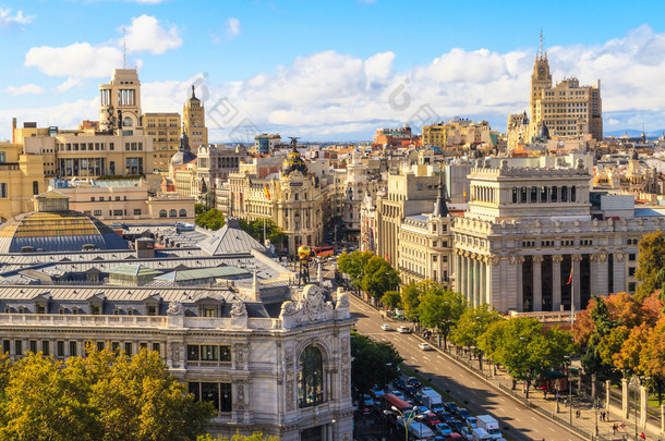 马德里市容和格兰通过购物街的鸟瞰图,