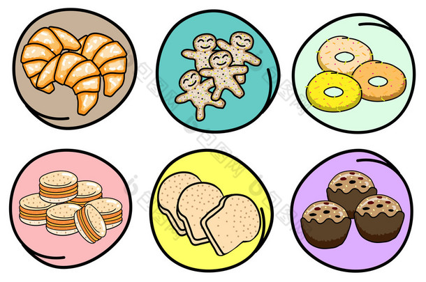 A Set of Fresh Bakery on Round Background